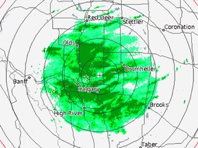 An Environment Canada radar image of snowfall in Calgary and area.