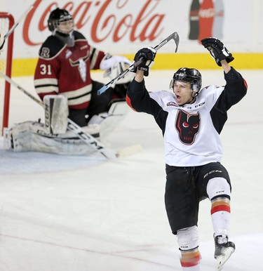 Calgary Hitmen Carson Twarynski, celebrates his second goal of the game on Red Deer Rebels net minder Rylan Toth in WHL action at the Scotiabank Saddledome in Calgary, Alberta, on Friday, February 12, 2016. Leah Hennel/Postmedia