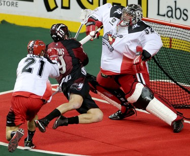 Calgary Roughnecks goalie Frankie Scigliano, left, blocks a shot from Colorado Mammoth Cameron Holding, middle, during game action at the Scotiabank Saddledome in Calgary, Alta. on Saturday February 13, 2016. Leah Hennel/Postmedia