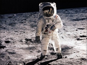 (FILES) This July 20, 1969 file photo shows astronaut Edwin E. Aldrin Jr.  walking on the surface of the moon near the leg of the Lunar Module (ML) "Eagle" and astronaut Neil Armstrong, during the Apollo 11 extravehicular activity (EVA). On July 16, 1969, NASA astronauts Neil Armstrong, Buzz Aldrin and Michael Collins launched toward the moon atop a Saturn V rocket. Four days later, on July 20, Armstrong and Aldrin landed their Eagle lander at Tranquility Base on the moon as Collins remained in orbit aboard the command module. The 45 year anniversary of the landing will be marked on July 20, 2014.  AFP PHOTO / NASA/HANDOUT  = RESTRICTED TO EDITORIAL USE - MANDATORY CREDIT "AFP PHOTO / NASA / HANDOUT" - NO MARKETING NO ADVERTISING CAMPAIGNS - NO A LA CARTE SALES/DISTRIBUTED AS A SERVICE TO CLIENTS =HO/AFP/Getty Images