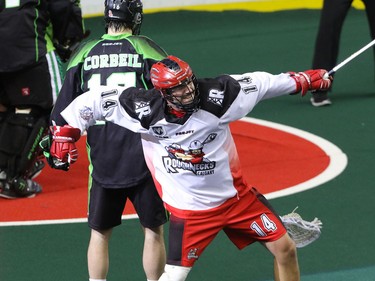 Calgary Roughnecks Wesley Berg celebrates the tying goal against the Saskatchewan Rush in NLL action at the Scotiabank Saddledome in Calgary, Alta. on Sunday February 28, 2016. The Roughnecks lost in overtime 12-11. Mike Drew/Postmedia