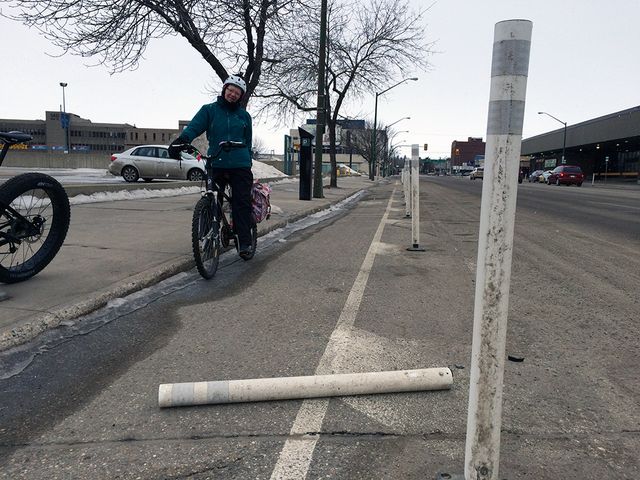 A trip down Saskatoon's first separated bike lane was littered with broken pieces of infrastructure.