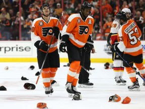 Flyers' Brayden Schenn looks on after scoring a hat trick against the Calgary Flames during the second period at Wells Fargo Center on Monday in Philadelphia.