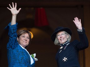 British Columbia's Lieutenant Governor Judith Guichon, right, is greeted by Premier Christy Clark prior to the throne speech in the B.C. Legislature in Victoria, B.C., Tuesday, Feb. 9, 2016. THE CANADIAN PRESS/Jonathan Hayward