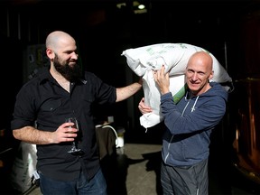 Franco Corno from Howe Sound Brewing, right, is paying off the Squamish brewery's bet. Keeping an eye on him is Jeremy McLaughlin at Village Brewery in Calgary on Wednesday, Feb. 17, 2016. Leah Hennel/Postmedia