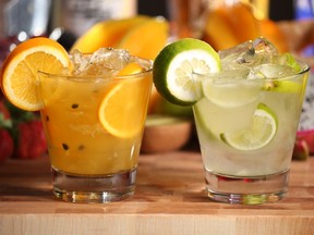 Gavin Young, Postmedia CALGARY, AB: JANUARY 28, 2016 - The Passion Fruit Citrus Caipirinha, left, and the Traditional Lime Caipirinha cocktails at the Pampa Brazilian Steakhouse in Calgary's beltline.  (Gavin Young/Postmedia) (For You section story by Lisa Kadane) Trax# 00071506A