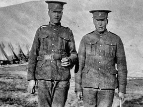 Betts Brothers at Camp Sarcee, Alberta, c. 1916: The Betts brothers, Earl (l) and Clarence (r) joined the 113th Lethbridge Highlanders in 1916 on 27 March and 4 April respectively.  They are shown here training with the Battalion near Calgary.