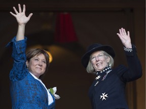 B.C. Lt.-Gov. Judith Guichon, right, is greeted by Premier Christy Clark prior to the throne speech in Victoria.