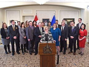 Premier Rachel Notley speaking to the media after announcing six new cabinet ministers Tuesday during a ceremony at Government House in Edmonton, February 2, 2016.