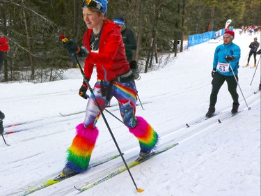 Colourful racers in the Kananaskis Ski Marathon (a.k.a. the Cookie Race) take off from the start in the 39th annual loppet in Peter Lougheed Provincial Park on Saturday February 27, 2016.