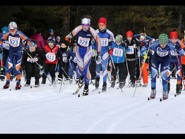 Racers in the Kananaskis Ski Marathon (a.k.a. the Cookie Race) take off from the start for the 5 km event in the 39th annual loppet in Peter Lougheed Provincial Park on Saturday February 27, 2016.
