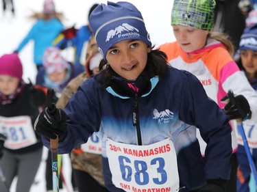 Racers in the Kananaskis Ski Marathon (a.k.a. the Cookie Race) take off from the start in the 39th annual nordic loppet in Peter Lougheed Provincial Park on Saturday February 27, 2016.