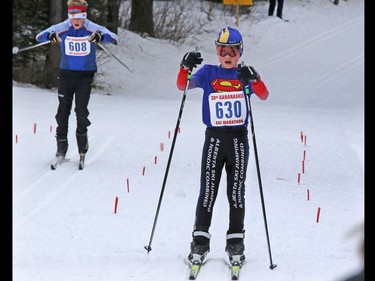 Skiers race for the finish line in the 3km event of the Kananaskis Ski Marathon (a.k.a. the Cookie Race) Ñ the 39th annual loppet in Peter Lougheed Provincial Park on Saturday February 27, 2016.