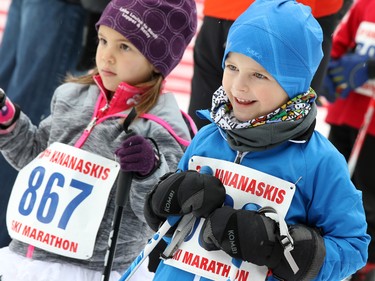 Young racers in the Kananaskis Ski Marathon (a.k.a. the Cookie Race) get ready for the start of the 1km event in the 39th annual loppet in Peter Lougheed Provincial Park on Saturday February 27, 2016.