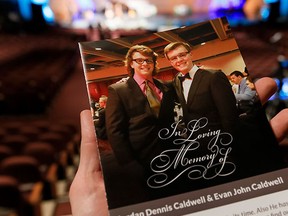 A program for the funeral of brothers Jordan and Evan Caldwell is held at Centre Street Church's central campus in Calgary on Thursday, Feb. 11, 2016. Lyle Aspinall/Postmedia Network