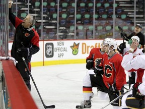Calgary Flames head coach Bob Hartley  during practice at the Scotiabank Saddledome in Calgary, Alta. on Wednesday February 10, 2016.