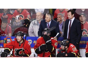 Calgary Flames Head Coach Bob Hartley on the bench during NHL hockey in Calgary.