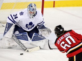 Calgary Flames' Markus Granlund scores on Toronto Maple Leafs' goalie James Reimer during first period NHL action at the Scotiabank Saddledome on Tuesday night.