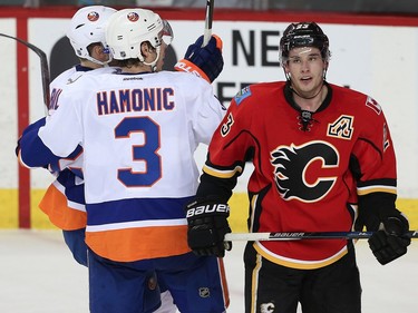 Calgary Flames Sean Monahan reacts after losing in overtime to the New York Islanders NHL hockey in Calgary, Alta. on Thursday February 25, 2016.