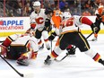 Brayden Schenn of the Philadelphia Flyers scores his third goal of the game for a hat trick on goalie Jonas Hiller of the Calgary Flames during the second period at Wells Fargo Center on February 29, 2016 in Philadelphia.