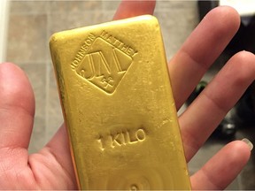 A $50,000 gold brick found by the staff from Perfection Plumbing and Gas Ltd, while renovating a Calgary bathroom.