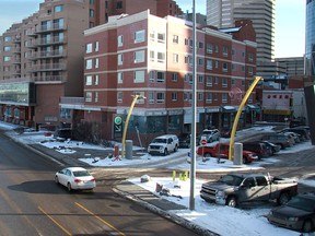 The view along Riverfront Avenue SE looking east from the Centre Street Bridge.