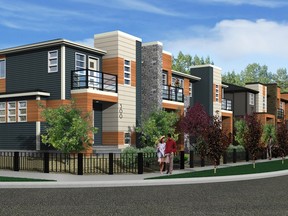 An artist's rendering of the front exterior of Madera, a new street towns project by Creations by Shane Homes in Midtown, Airdrie.