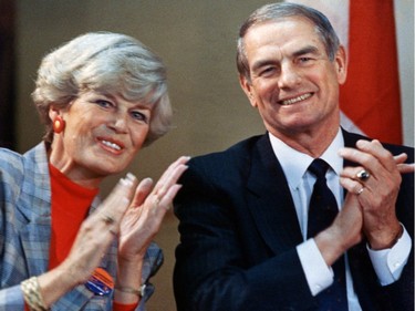 April 20, 1989: Alberta Premier Don Getty and his wife Margaret are greeted warmly at his nomination meeting in Stettler.