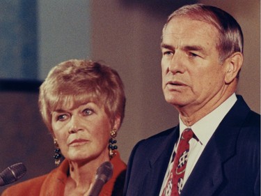 September 9, 1992: Alberta Premier Don Getty, seen with his wife Margaret, announces his plans to step down as premier at a news conference at Government House in Edmonton.