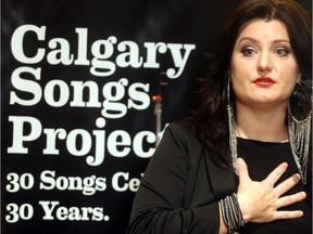 Kenna Burima, co-curator of the Calgary Song Project: 30 Songs Celebrating 30 Years,  speaks at the kickoff launching the One Yellow Rabbit High Performance Rodeo on Thursday, Jan. 7, 2016 at the Calgary Tower.