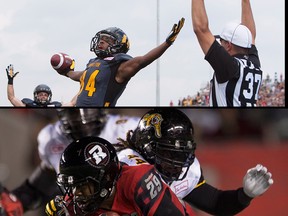 Top: Receiver Bakari Grant celebrates a touchdown against the Argos. Below: Linebacker Taylor Reed tackles Calgary Stampeders' running back Jon Cornish during the 2014 Grey Cup.