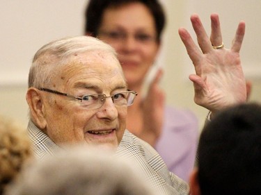 May 9, 2012 -- Former Premier Don Getty waves during his introduction in a ceremony to mark the notable contributions made by the partners of Alberta's premiers in the development of our province over the past 107 years.