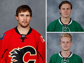 Flames defenceman Kris Russell, left, was traded to the Dallas Stars on Monday, reportedly for D-man Jyrki Jokipakka, top right, and forward Brett Pollock.