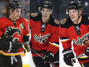 Calgary Flames forwards Sean Monahan, Johnny Gaudreau and Lance Bouma.