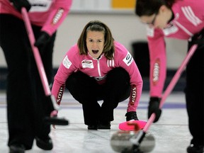 Heather Nedohin yells instruction to her team during the finals of the Saville Sports Centre's annual World Curling Tour event, The Shoot Out, at the Saville Sports Centre, Sunday, Sept. 19, 2010.