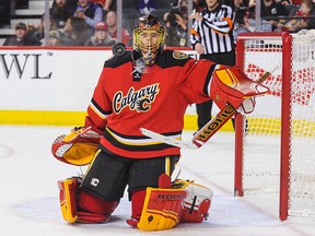 Jonas Hiller #1 of the Calgary Flames makes a save.