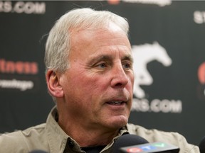 Newly named Calgary Stampeders president John Hufnagel speaks with media at McMahon Stadium in Calgary, Alta., on Wednesday, Jan. 27, 2016. Calgary Sports and Entertainment Corporation president Ken King announced that the former Stampeders coach would become the team's president, while the outgoing president, Gord Norrie, would become CSEC's VP of sports properties, sales and marketing, effective March 1. Lyle Aspinall/Postmedia Network