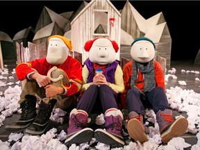From left: Matthew McKinney as Buddy; Nikki Loach as Angela; Jason Mancini as Ethan in Quest Theatre's Snow Angel. In the current production, Leda Davies plays Angela.
