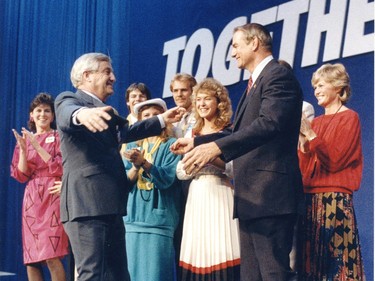 1985: Peter Lougheed congratulates Don Getty on winning the provincial Conservative leadership in 1985.
