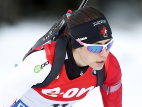 Canada's Rosanna Crawford competes to place fourth in the sprint women at the Biathlon World Cup event, in Pokljuka, Slovenia, onThursday, Dec. 18, 2014.