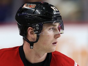 Calgary Flames Sam Bennett during the pre-game skate before playing the Columbus Blue Jackets in NHL hockey in Calgary on Friday, Feb. 5, 2016.