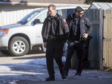 Police search the back alley behind a home in the 1800 block of 38 St NE in Calgary, Alta., on Sunday, Feb. 21, 2016. Early reports said shots had been fired into the home, but there was no early confirmation for media. Lyle Aspinall/Postmedia Network