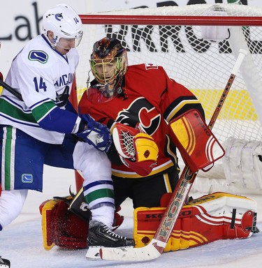 Calgary Flames Jonas Hiller reacts after giving up a goal against the Toronto Maple Leafs during NHL hockey in Calgary, Alta. on Tuesday February 9, 2016. Al Charest/Calgary Sun/Postmedia Network