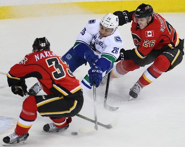 Calgary Flames TJ Brodie after blocking a shot against the Carolina Hurricanes during NHL hockey in Calgary, Alta., on Wednesday, February 3, 2016. Al Charest/Postmedia