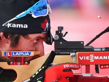 Team Canada member Brendan Green from the North West Territories shoots on the range during training for the BMW IBU World Cup Biathlon Tuesday February 2, 2016 at the Canmore Nordic Centre. (Ted Rhodes/Postmedia)
