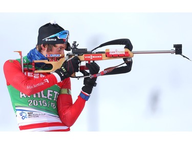 Team Canada member Brendan Green from the North West Territories shoots on the range during training for the BMW IBU World Cup Biathlon Tuesday February 2, 2016 at the Canmore Nordic Centre. (Ted Rhodes/Postmedia)