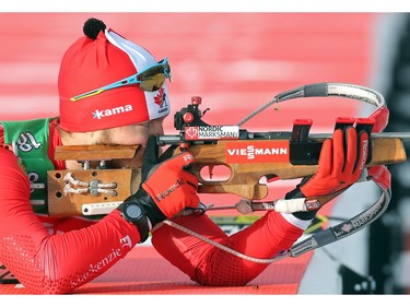 Team Canada member Macx Davies of Canmore shoots on the range during training for the BMW IBU World Cup Biathlon Tuesday February 2, 2016 at the Canmore Nordic Centre. (Ted Rhodes/Postmedia)