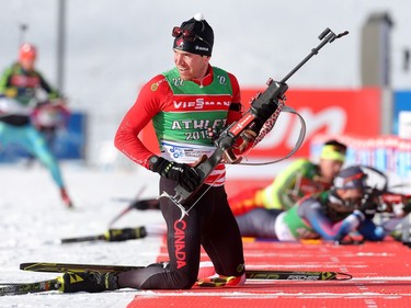 Team Canada member Nathan Smith finishes his shots on the range during training for the BMW IBU World Cup Biathlon Tuesday February 2, 2016 at the Canmore Nordic Centre.