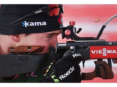 Team Canada member Nathan Smith shoots on the range during training for the BMW IBU World Cup Biathlon Tuesday February 2, 2016 at the Canmore Nordic Centre. (Ted Rhodes/Postmedia)