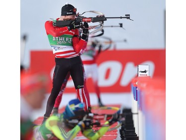 Team Canada member Nathan Smith shoots on the range during training for the BMW IBU World Cup Biathlon Tuesday February 2, 2016 at the Canmore Nordic Centre. (Ted Rhodes/Postmedia)